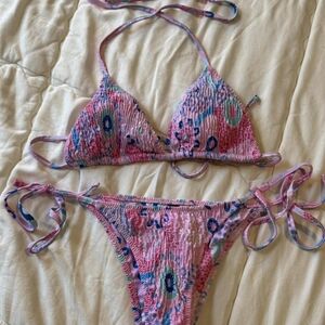 Pink Multicolor Smocked Triangle Bikini Set